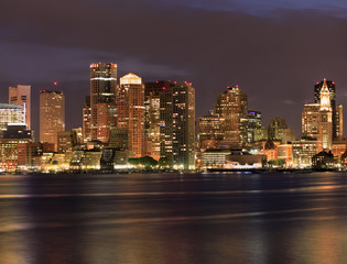 Boston skyline and Inner Harbor at night, USA