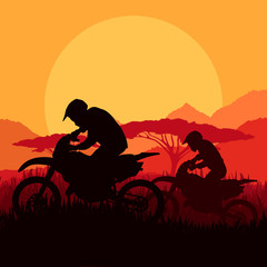 Motorbike riders motorcycle silhouettes in wild mountain landsca