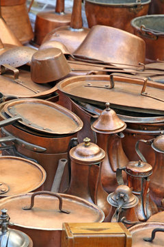 pots pans and ancient copper coffee pots