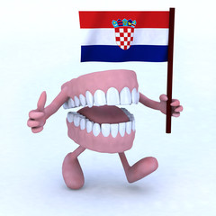 dentures with arms and legs carrying a flag of croatia