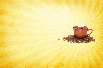 Grunge background with coffee beans, cup of coffee and sugar
