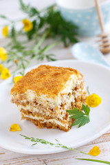 Honey cake on white plate