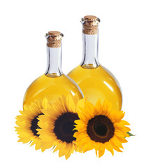 oil in bottles and sunflowers, isolated on white