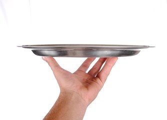 hand holds a serving tray, isolated on white