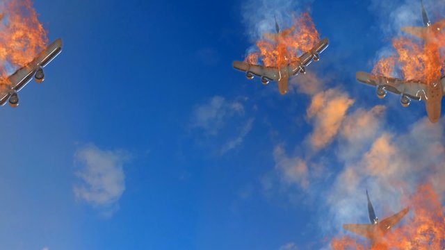 Burning aircraft falling with amazing transitions