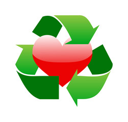 Green recycle sign around red glossy heart