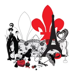 Fotobehang Rood, wit, zwart miniatuur symbolen van Parijs