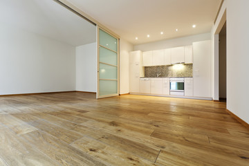 interior empty house with wooden floor, kitchen