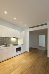 interior empty house with wooden floor, kitchen