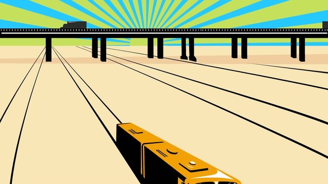diesel train on railroad passing viaduct bridge