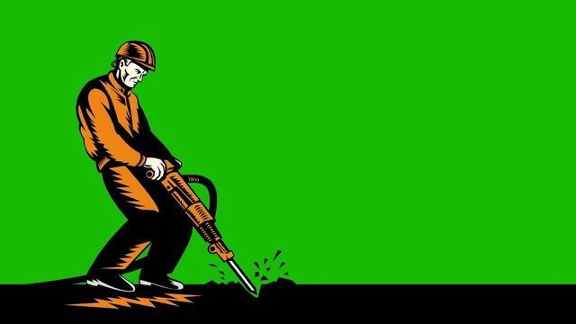 construction worker drilling with jack hammer retro style