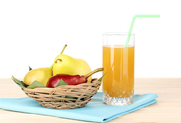 Pear juice with pears on wooden table on white background
