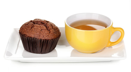 Fresh muffin with tea isolated on white