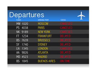 Airport crisis departure table - delayed and cancelled flights