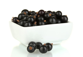 Fresh black currant in white bowl isolated on white