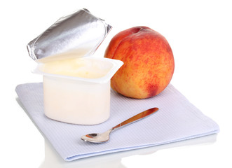 Yogurt with peach isolated on white