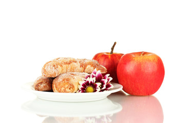 Fresh bagels with apples isolated on white