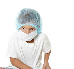 young serious boy dressed as researcher isolated over white