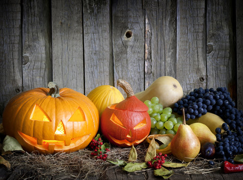 Halloween pumpkins fruits and vegetables autumn still life