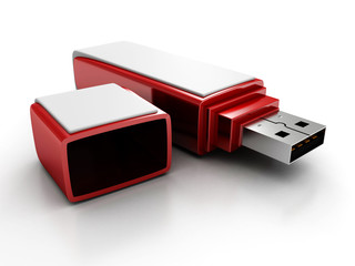 Red stylish USB flash drive on white background