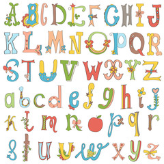 Hand-drawn funny alphabet isolated on white.