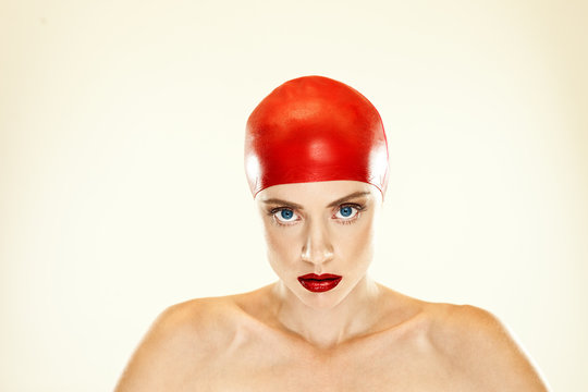 Woman In Red Swimming Cap