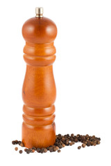 Wooden pepper mill and peppercorn