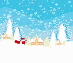 Happy New year card with Santa and winter landscape