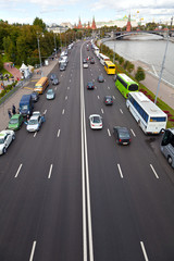 Urban road with cars. View from above. The Kremlin, Moscow.