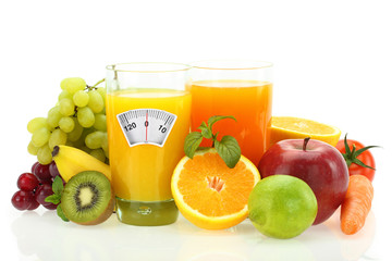 Diet and healthy eating. Fruits, vegetables and juice on white