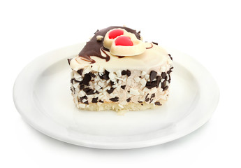 sweet cake with chocolate on plate isolated on white
