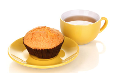 Fresh muffin with tea isolated on white