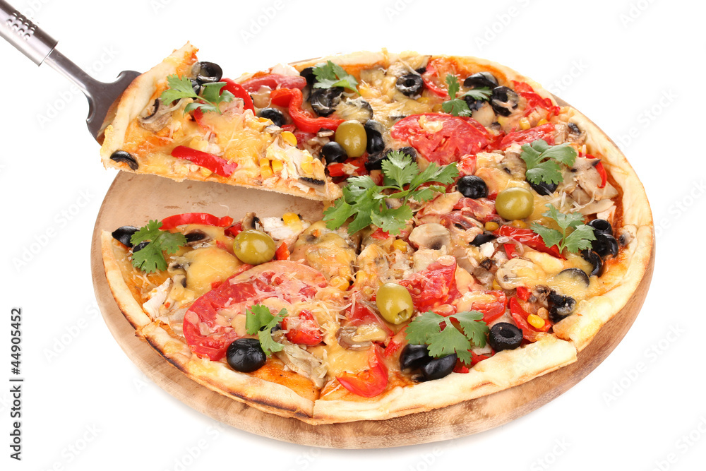 Sticker Tasty pizza with vegetables, chicken and olives isolated