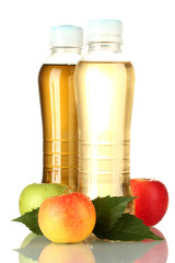 two bottles of juice with sweet apples, isolated on white