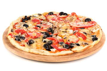 Tasty pizza with vegetables, chicken and olives isolated