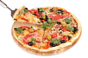 Tasty pizza with vegetables, chicken and olives isolated