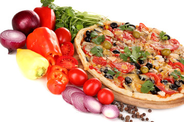 Delicious pizza with ingredients around isolated on white