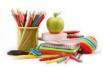 School and office supplies on white background. Back to school.