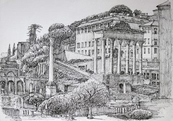 Roman Forum cityscape painted by ink