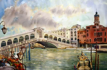 Crédence de cuisine en verre imprimé Café de rue dessiné Une vue sur le canal avec le pont du Rialto, Venise