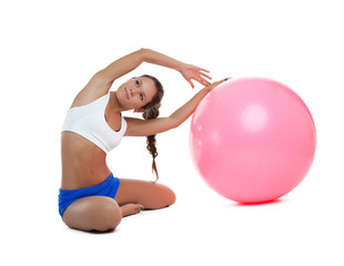 Fototapeta na wymiar woman sit with fitness ball isolated