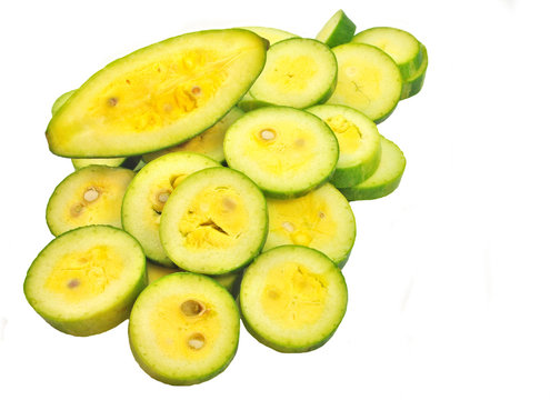 close up pile of slices of pointed gourd