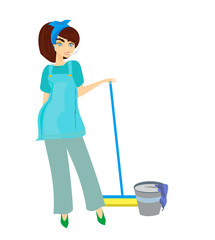 cartoon character housemaid with broom vector illustration, isol