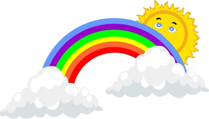 Foto op Plexiglas De zon gluurt over de regenboog, terwijl de lucht helder is van een regenbui. © Dee