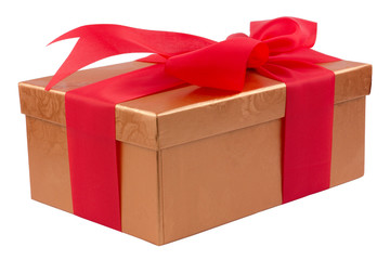 Single brown gift box with red ribbon on white background