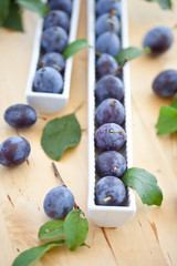 Fresh ripe plums and leaves