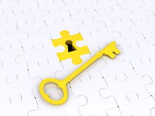 Solution concept with puzzle pieces and key