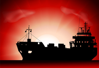 Vector silhouette of the tanker ship on sunset