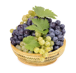 Black and white grapes in a bowl isolated white background,drops