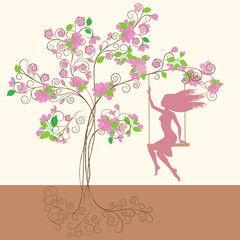 Decorative pink spring tree with flowers and girl